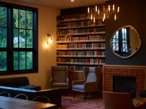 Cozy interior with bookshelves and a fireplace